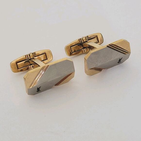 Yves Saint Laurent YSL Gold Silver Tone Rectangle Logo Cufflinks Designer Geomet - Picture 2 of 5